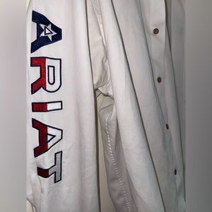 Ariat White Shirt with American Flag Red and Blue Lettering